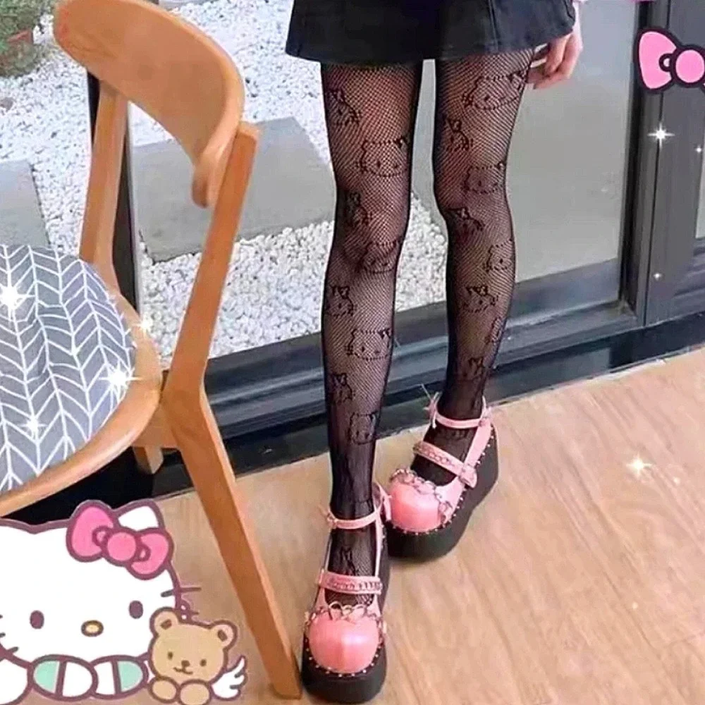 Nylon Black Fishnet Tights Hello Kitty Kawaii Sanrio Mesh Stockings Y2K Style